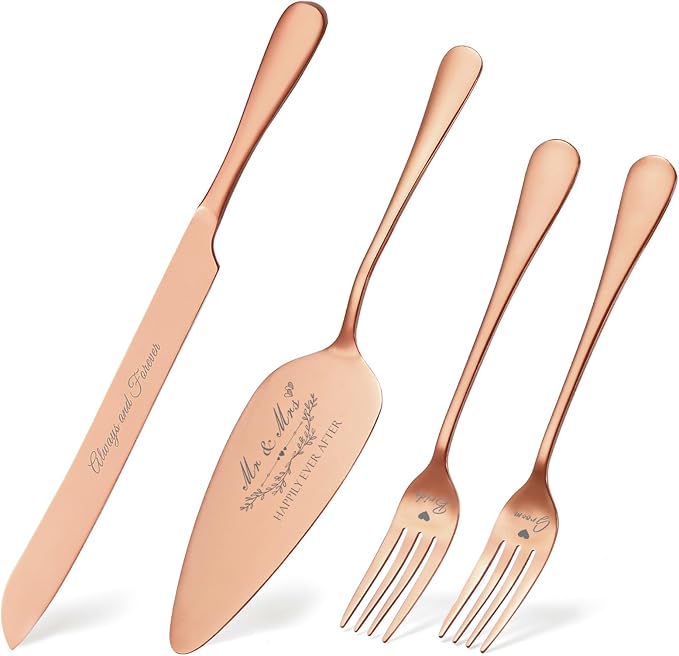 Wedding Cake Knife and Server Set, Rose Gold Cake Cutting Set for Wedding, 4 Pieces Set with Forks for Engagements, Anniversaries, Bride and Groom