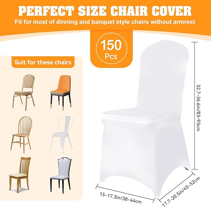 150 PCS White Polyester Spandex Chair Covers - Stretch Slipcovers for Wedding, Party, Dining, Banquet - Flat-Front Chair Covers
