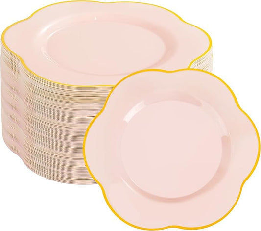 Liacere 100PCS Pink Plastic Plates - Plastic Dinner Plates - Floral Disposable 10inch Heavy Duty Pink and Gold Dinner Plates, Perfect for Wedding & Party & Mothers Day