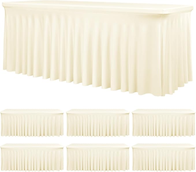 fani 6 Packs Ivory Stretch Table Skirts for 6 Foot Rectangle Table, Washable Spandex Stretch Tablecloths with Skirt, Wrinkle Resistant Fitted Tablecover for Wedding Party Banquet