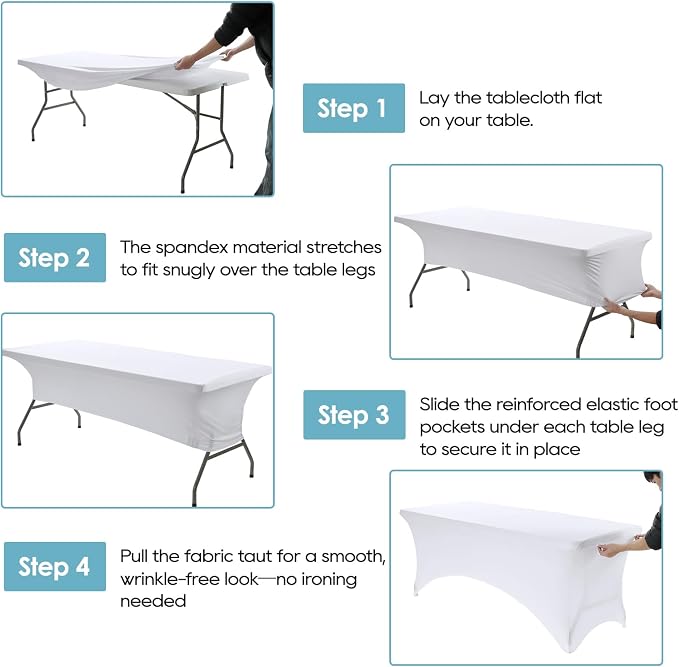 VidaFete Spandex Tablecloth 6 Pack 8FT, Fitted Stretch Table Cover for Rectangle Tables, Wrinkle Resistant and Washable Tablecloths for Outdoor, Picnic, Party, Wedding, Banquet, Birthday, White