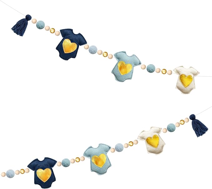 Dusty Blue Gold Baby Clothes Decoration Pre-Strung Handmade Felt Baby Clothes Wooden Bead Wool Felt Ball Garland Banner for Sweet Boy It's a Boy Baby Shower Party Nursery Fireplace Home Wall Decor