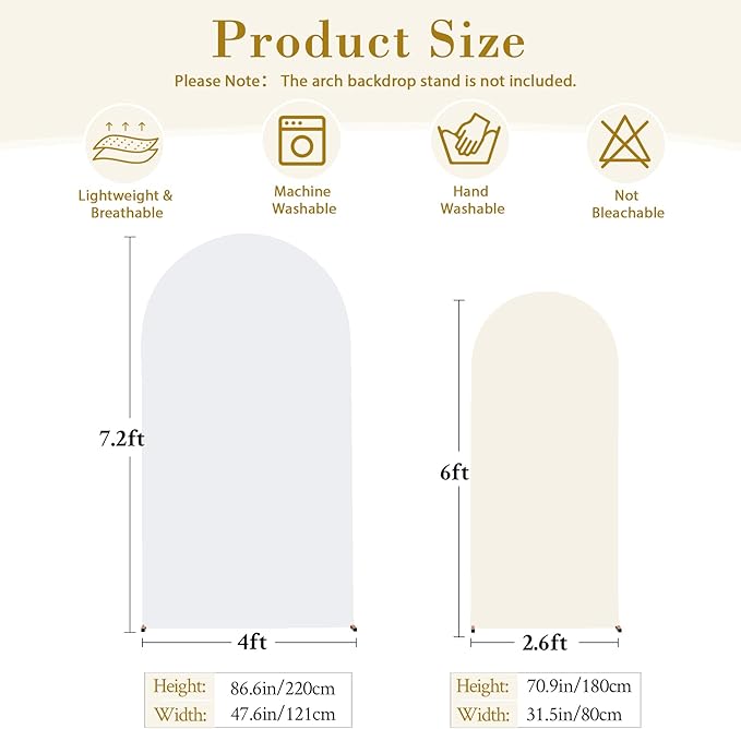 White and Beige Arch Cover Set of 2-7.2FT and 6FT Arch Backdrop Cover Spandex Fitted Wedding Balloon Arch Stand Covers for Bridal Shower Wedding Baby Shower Birthday Party Ceremony Photo Background