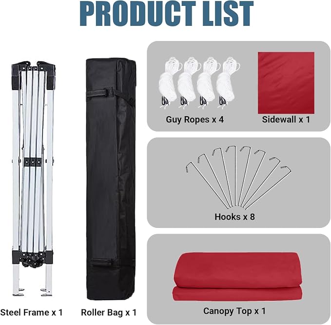 10x10 Pop Up Canopy Tent with One Sidewall, Instant Folding Outdoor Shelter with Air Vent, High Strength Steel Frame and Handheld Carry Bag for Backyard Party, Camping, Red