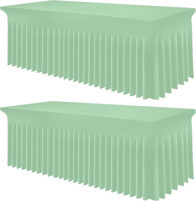 Smiry Spandex Tablecloth 2 Pack, Elastic Fitted Stretch Tablecloth for 8FT Rectangle Tables, Waterproof Washable Table Cover Skirt for Wedding, Banquet & Parties (Light Green, 96Lx30Wx30H Inch)