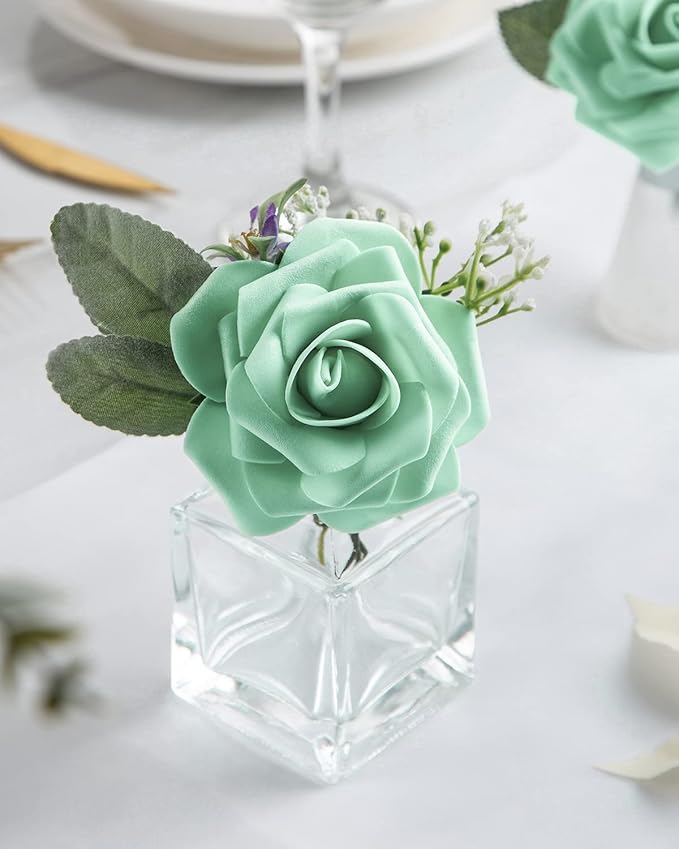 DuHouse 25Pcs Artificial Roses Flowers Fake Roses with Stems Real Touch Foam Flowers for DIY Wedding Bouquet Centerpiece Floral Arrangement Party Home Decor(Mint Green)