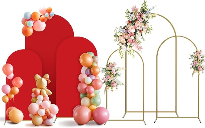 Arch Backdrop Stand and Cover Set, 3 Metal Balloon Arch Backdrop 7.2ft 6.6ft 6ft, Gold Arched Stand Frame for Wedding, Parties,Birthday, Backdrop Decorations (Red,7.2ft+6.6ft+6ft)