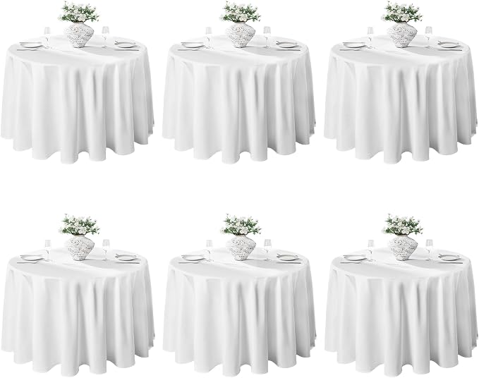 VidaFete 6 Pack 120inch Round Tablecloth Polyester Table Cloth, Stain Resistant and Wrinkle Polyester Dining Table Cover for Kitchen Dinning Party Wedding Rectangular Tabletop Buffet Decoration(White)