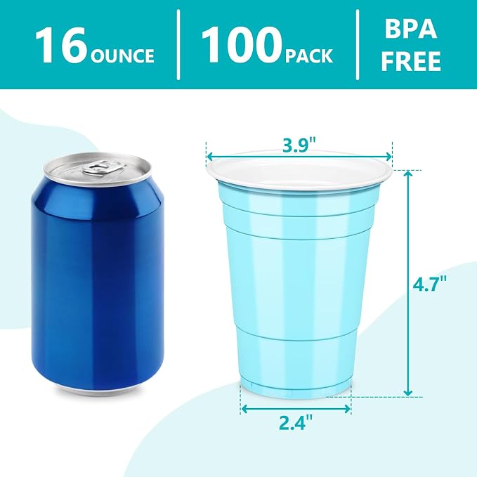 LANLISA 100 Light Blue Plastic Cups, 16 oz Disposable Cups, Drinking Cups For Party Supplies
