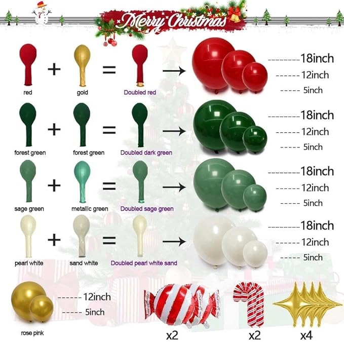 Christmas Red and Green Balloon Garland Arch Kit Pearl White Gold Foil Candy Cane Balloons With Gold 4-Point Star Balloons For Christmas Party Decorations