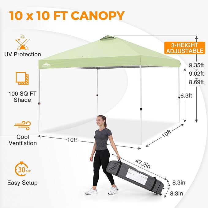 EAGLE PEAK Pop Up Canopy Tent with Wheeled Carry Bag, 8 Stakes, 4 Ropes, 4 Weight Bags, Easy Set Up Tent Canopy, 10x10 ft, 100sqft of Shade, Smoke Green