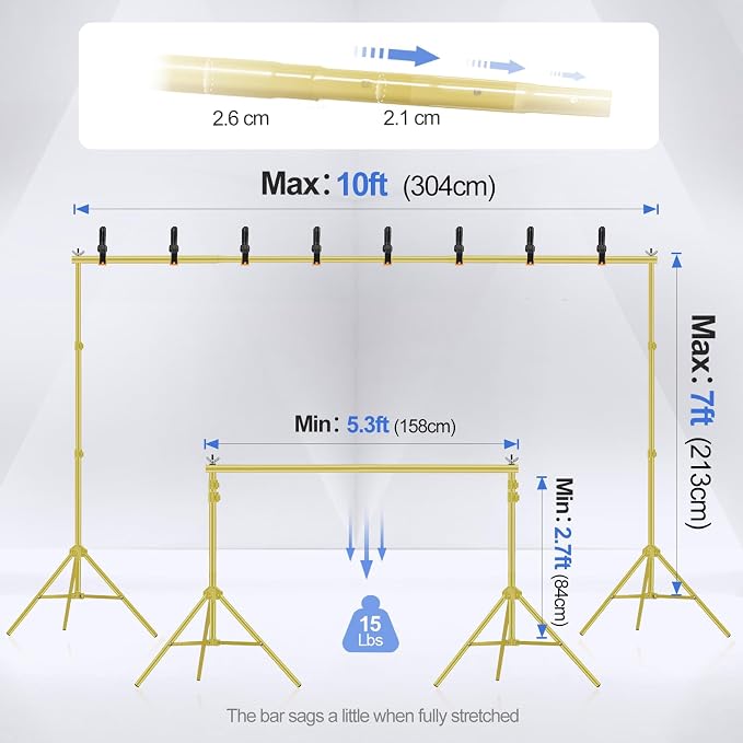 EMART Backdrop Stand 10x7ft(WxH) Photo Studio Adjustable Background Stand Support kit with 2 Crossbars, 8 Clamps, 2 Sandbags and Carry Bag for Parties, Events Decoration, Wedding -Titanium Gold