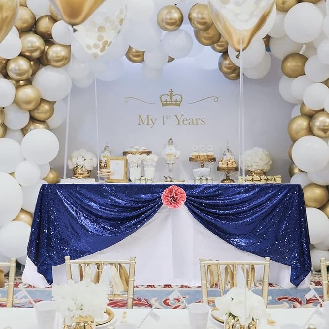 Eternal Beauty Navy Blue Tablecloth, 90x132 Inch Sequin Rectangle Table Cover for Cake Dessert Exhibition Party Birthday Events