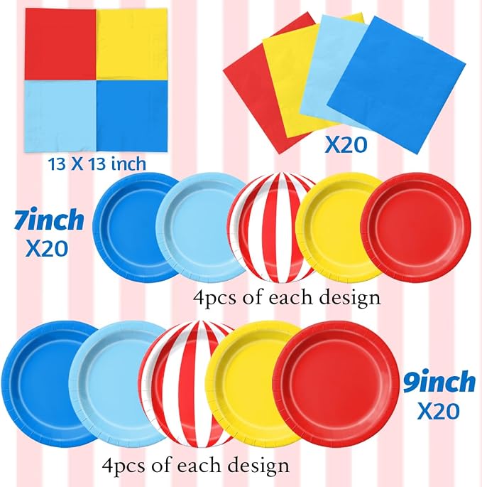 CMUSKO 60Pcs Carnival Plates and Napkins-Circus Theme Party Decorations Red Blue Yellow Tableware for Birthday, Baby Shower