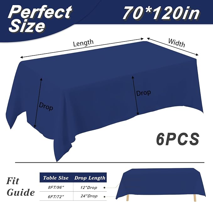 Fixwal 6 Pack Navy Blue 70 x 120 Inch Rectangle Tablecloths, Reusable Heavy Duty Washable Polyester Table Covers, Stain and Wrinkle Resistant for 6-8 Ft Tables, Wedding, Party, Baby Shower, Birthday
