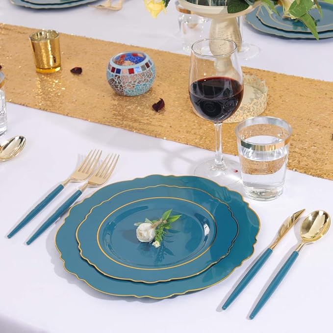 Nervure 100PCS Teal Plastic Plates With Gold Rim & Gold Disposable Silverware with Teal Handle Include 40 Plates, 60 Plastic Sivlerware for Party & Wedding