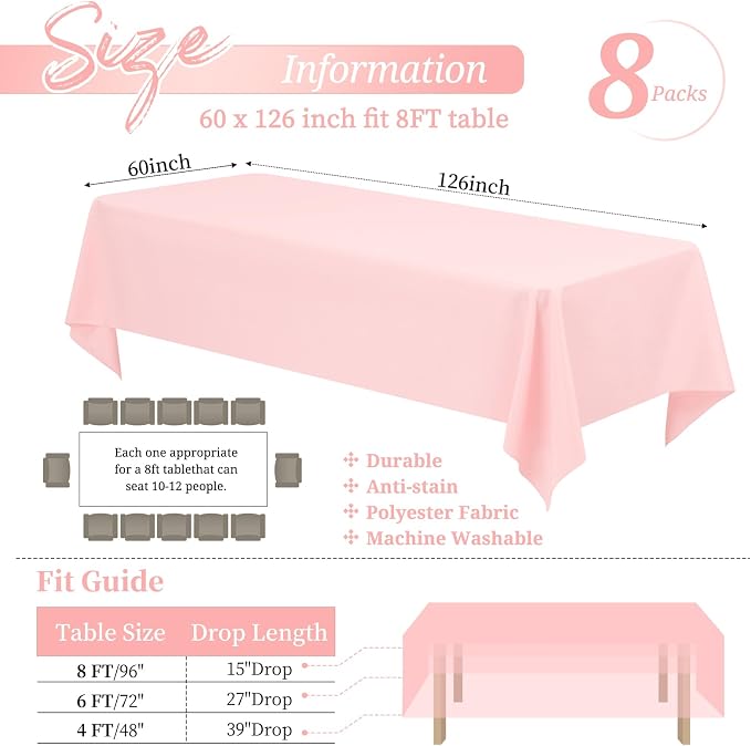 Showgeous 8 Pack Pink Tablecloth 60 x 126 Inch, Rectangle Tablecloth for 8 Foot Table, Stain and Wrinkle Resistant Washable Polyester Table Cloth Cover for Wedding Dining Table Buffet Parties