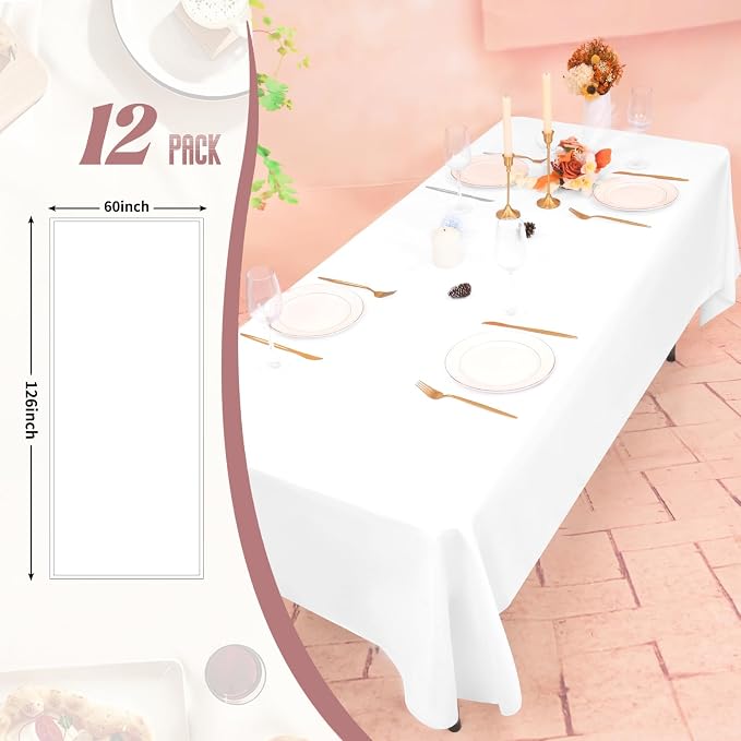 12 Pack White Tablecloth 60x126 Inch Rectangular Table Cover | Wrinkle Resistant, Machine Washable Reusable, Wedding, Banquet, Restaurant, Party, Baby Shower,Indoor Outdoor Events