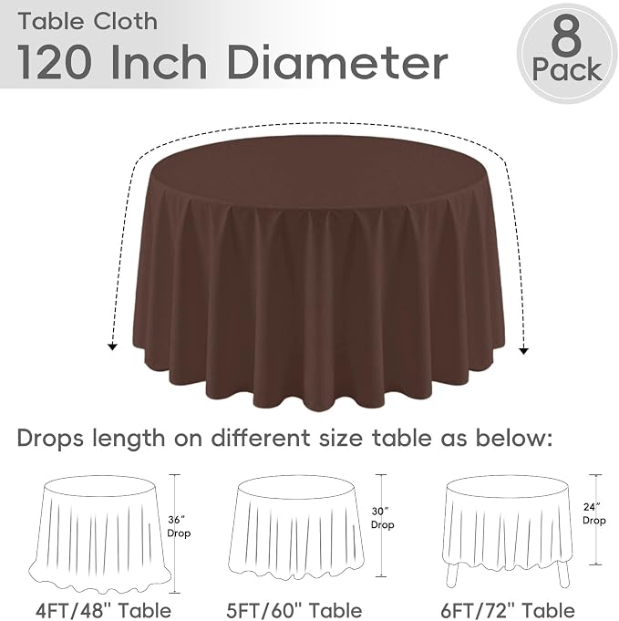 8 Pack Round Tablecloth 120 Inch Cloth Brown Tablecloth for Round Tables, Washable Polyester Table Cloth Stain and Wrinkle Resistant Decorative Table Cover for Wedding Party Dining Banquet