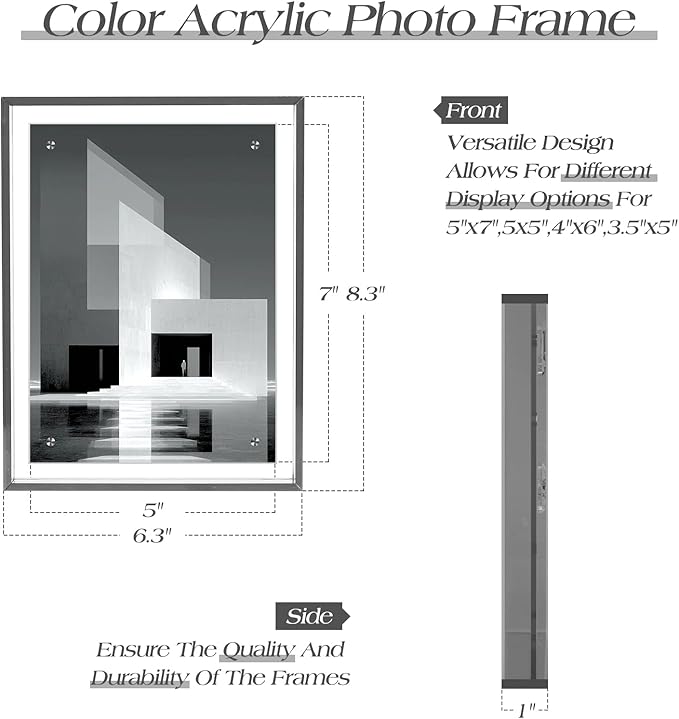 TWING 5x7 Picture Frame, Acrylic Photo Frame Self Standing Magnetic Color Floating Picture Frame Use as 5x7, 5x5, 4x6 - Horizontal and Vertical Formats for Wall and Tabletop Display, Grey, 1 Pack