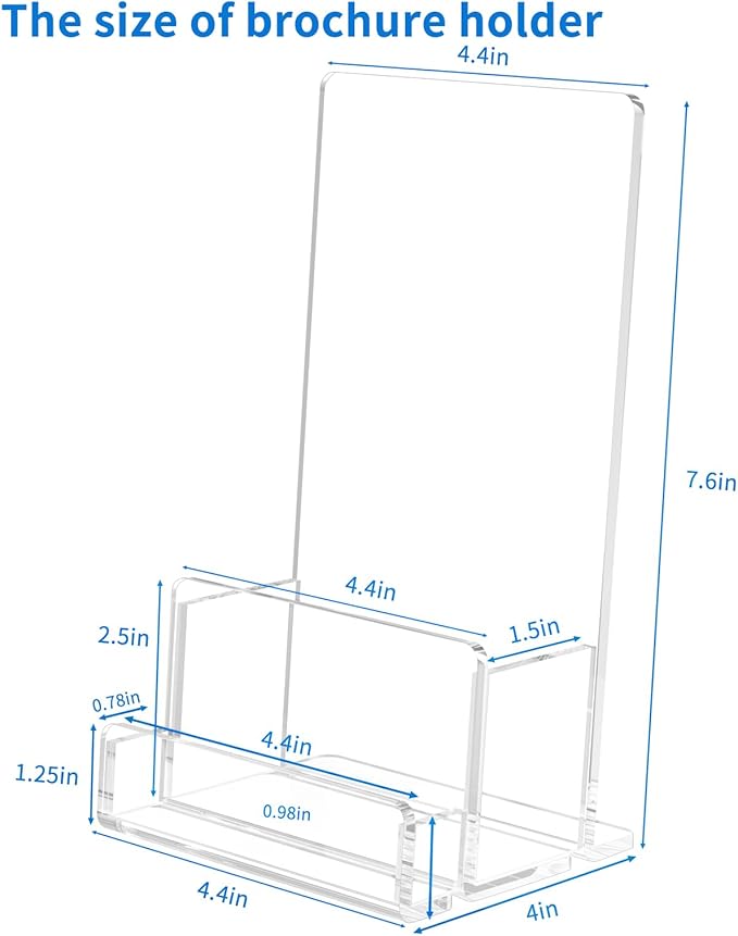 NIUBEE 2-Pack Acrylic Brochure Holder 4‘’ , Clear Brochure Display Stand with Acrylic Business Card Holder, Plastic Flyer Display Stand for Magazine, Pamphlet, Booklets, Menu, Journals, Business Card