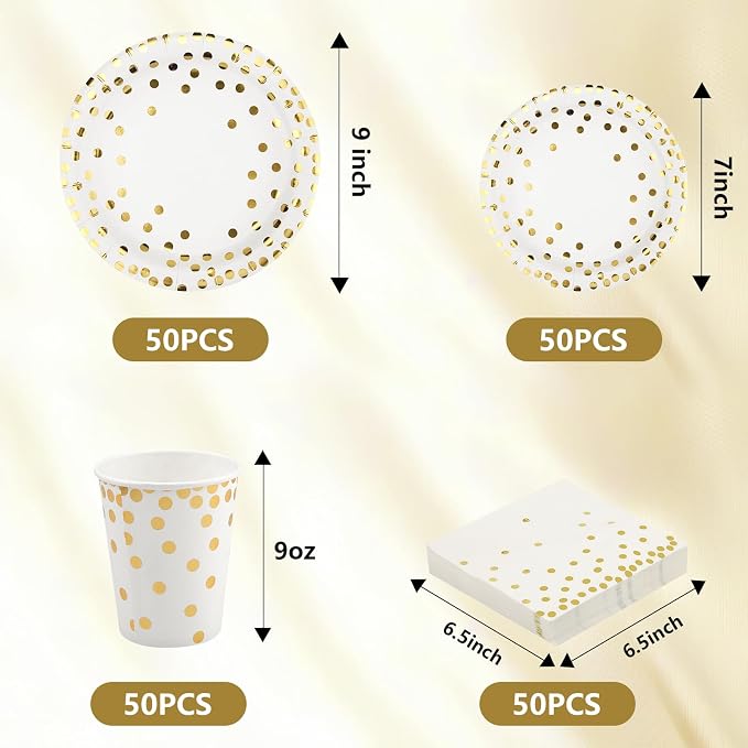 hapray 201 PCS Disposable Paper Plates Gold Party Supplies, Golden Polka Dots Birthday and Baptism Decorations, include Plates and Cups, Napkins, Plastic Tablecloth for Baby Shower Wedding Christmas