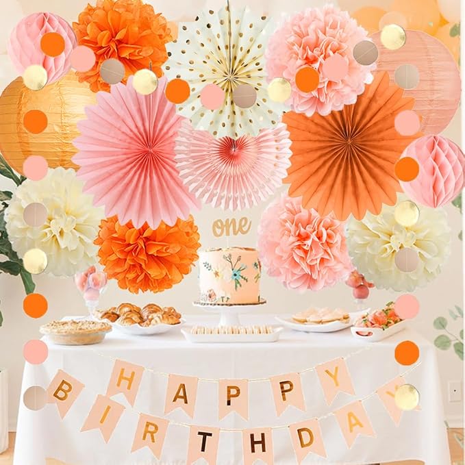 Boho Fall Peach and Orange Birthday Decorations Paper Lanterns Orange Peach Beige Pom Poms Pastel Autumn Birthday Party Decorations for Girls Women with Banner Beige Gold