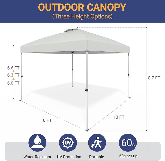 10x10 Pop Up Canopy - Instant Setup Beach Tent with Wheeled Carry Bag, 8 Sandbags & 4 Guy Lines - Portable Sun Shade for Camping, Events, Silver Coated Top, White