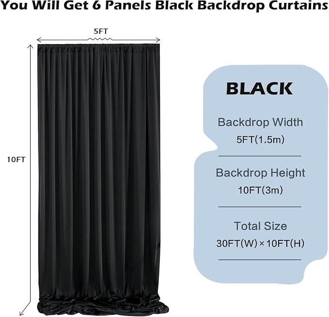 30 ft x 10 ft Wrinkle Free Black Backdrop Curtain for Parties, 6 Panels Silky Polyester Black Wedding Drapes for Backdrop 10 ft Photo Back Drop Cloth for Birthday Graduation Photography Background