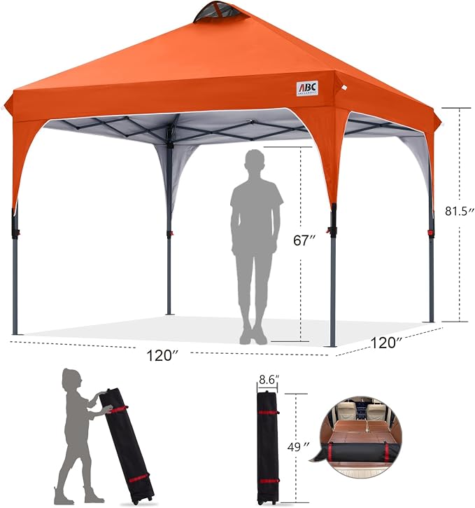 ABCCANOPY Outdoor Pop up Canopy Tent, 10x10 Instant Portable Canopy for Camping, Beach, Backyard,Orange