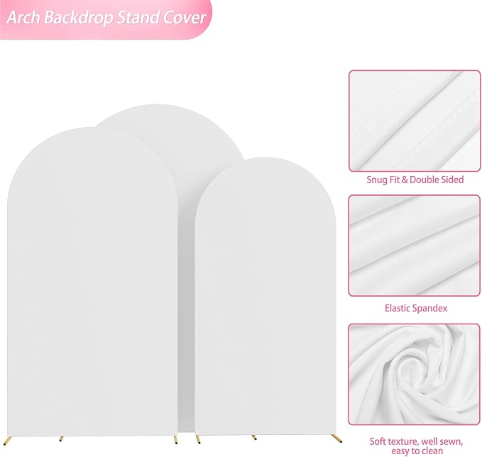 Wokceer Wedding Arch Cover (8FT, 7.2FT, 6.6FT) Set of 3 Spandex Fitted Wedding Arch Stand Covers Round Top Chiara Arch Backdrop Stands Cover for Birthday Party Ceremony Banquet Decor White