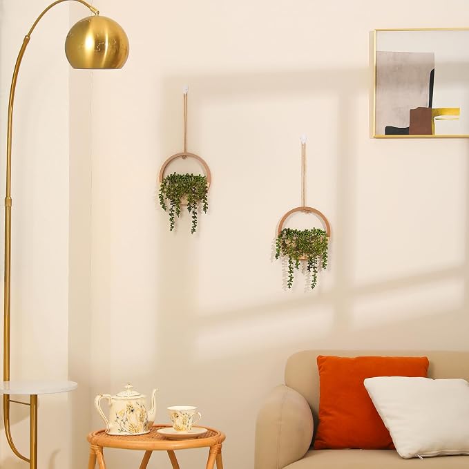 2 Pack Fake Plants Artificial Wall Hanging Plants, Boho Hanging Planter Fake Succulents Artificial String of Pearls in Wooden Pots with Lanyard for Home Office Wall Decoration