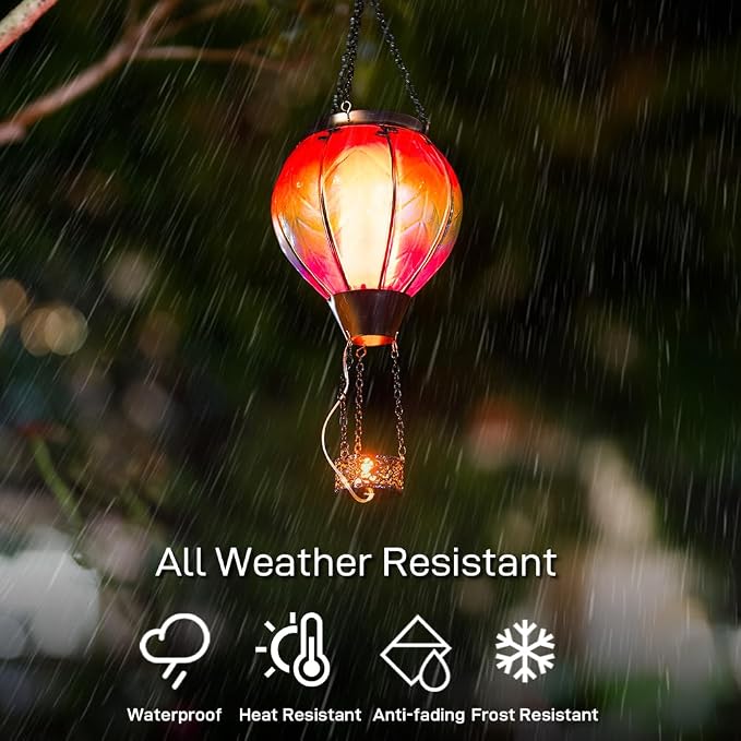 Starsoul 2 PC Rainbow Hot Air Balloon Solar Lantern with Flame Glass Outdoor Hanging Hot Air Balloon Solar Light Waterproof Garden Patio Yard Party Decorations