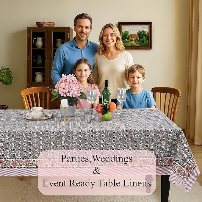 CPC Tablecloth 100% Cotton 80x120 Inch Indian Block Print Rectangle Table Cover, Blue Table Cloth for Weddings, Spring/Summer, Barbeque - Labra Grey