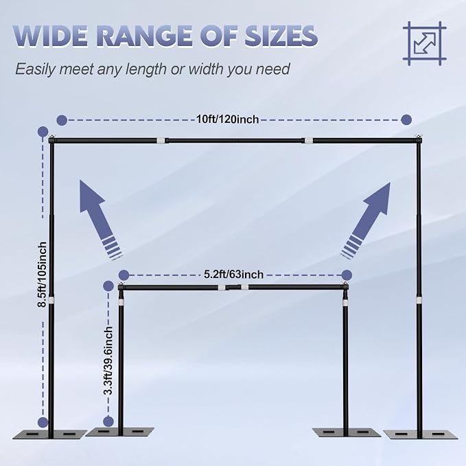Heavy Duty Backdrop Stand, 8.5x10ft Adjustable Photo Background Support System Kit with Metal Base, Pipe and Drape Photography Back Drop Kit for Parties Video Studio Wedding