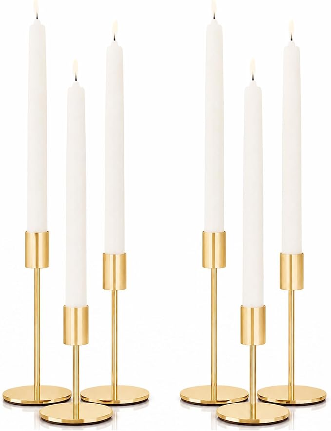 zeochyni French Gold Taper Candle Holders Set of 6, Tall Metal Candlestick Holders in 3 Heights with Weighted Base for Wedding Table Centerpiece, Dining Table, Mantel Decor and Housewarming Gift