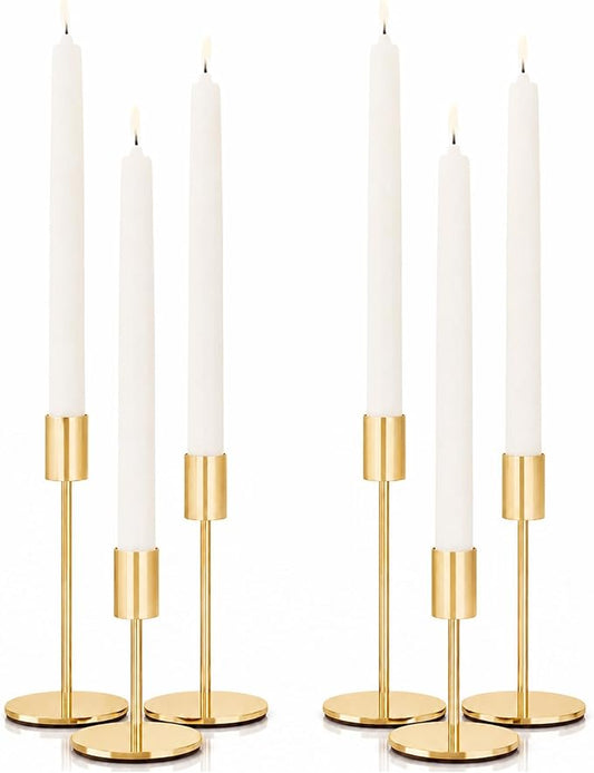 zeochyni French Gold Taper Candle Holders Set of 6, Tall Metal Candlestick Holders in 3 Heights with Weighted Base for Wedding Table Centerpiece, Dining Table, Mantel Decor and Housewarming Gift