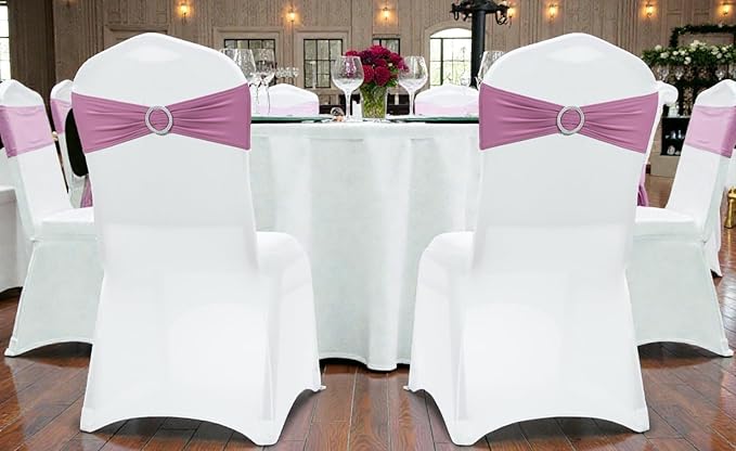 MDS Pack of 50 Spandex Chair Sashes Bow Premium Stretch Chair Cover Band with Buckle Slider Universal fits Elastic Dining Chair Ties for Wedding Party Banquet Events Decoration - Dusty Pink