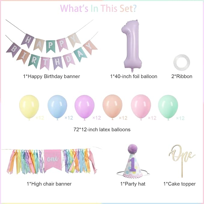 First Birthday Decorations for Girl - Complete Party Set with High Chair Banner, Party Hat, Number 1 Balloon, One Cake Topper, Latex Balloons & Birthday Banner(Pastel)