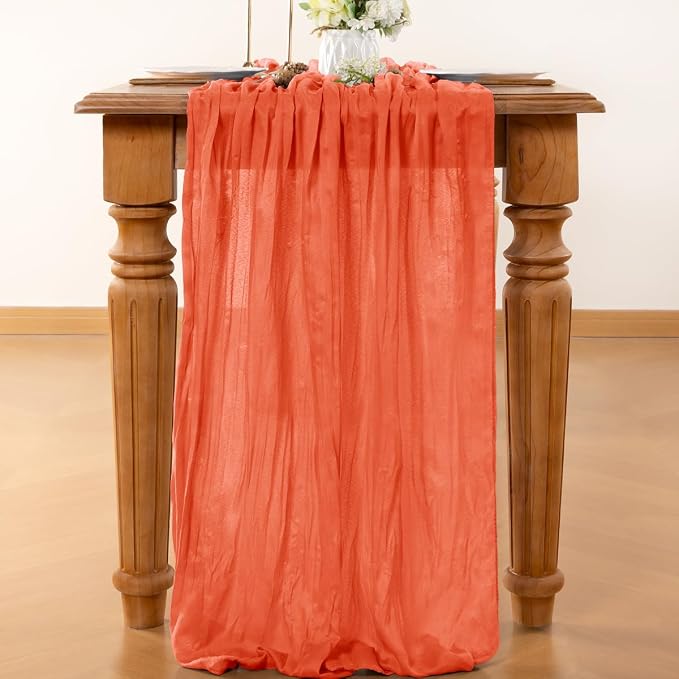 LINXTAR Orange Cheesecloth Table Runner 10 Pack 120 Inches 10Ft Gauze Summer Boho Table Runner for Wedding Tea Party Baby Shower Bridal Birthday Home Decoration