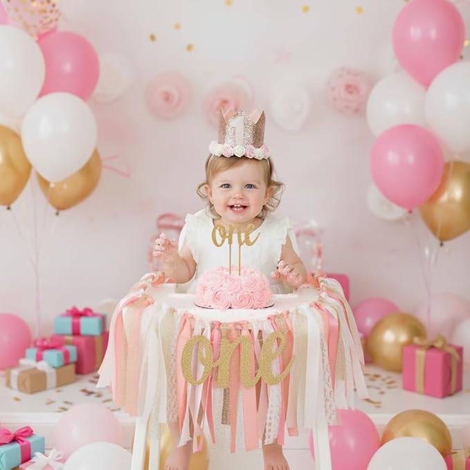 PapaKit Girls 1st Birthday High Chair Premium Decoration Set - Pink & Gold Ribbon Garland, Crown, One Banner & Cake Topper | Coquette Fairy Princess Theme | Smash Cake Photo Prop Backdrop