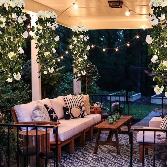 RECUTMS Artificial White Rose Hanging Flower Plants, 2PCS 37 Inch Fake Floral Ivy Garland with 30 LED Fairy String Lights for Outdoors Home Room Garden Wedding Memorial Day Bridal Shower Indoor Decor