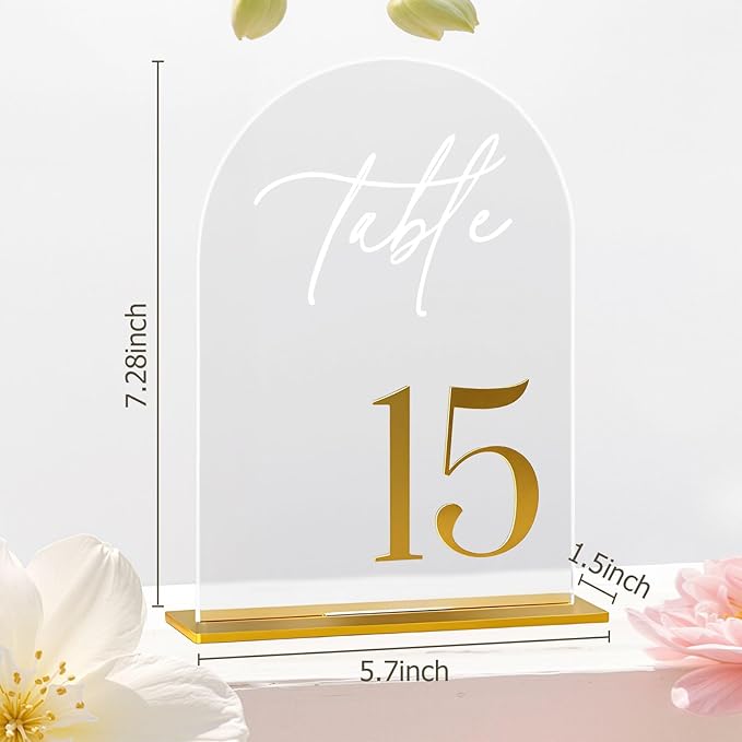 Clear Arch Acrylic Wedding Table Numbers 1-15 with Stands, 5.5"x7" Arched Acrylic Wedding Seating Chart Signs with Gold Mirror Numbers, Table Number Holders for Anniversary, Event, Party Wedding Set