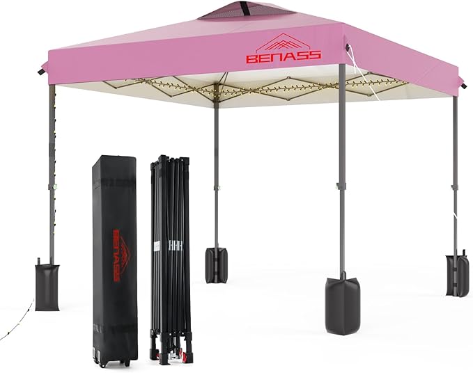 10x10 Pop Up Canopy, Easy Up Canopy Tent, Heavy Duty Tents for Parties, One Person Easy Set Up Event Tent, Pink