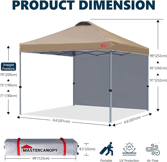 MASTERCANOPY 6.6x6.6 Pop Up Canopy Tent with 1 Sidewall, 1 Person Setup Instant Shelter, Outdoor Portable Beach Canopy, 1 Roller Bag, 4 Sandbags, 4 Ropes, 8 Stakes (6.6x6.6, Khaki)
