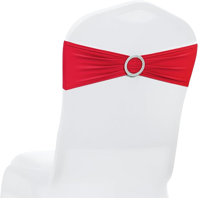 MDS Pack of 50 Spandex Chair Sashes Bow Premium Stretch Chair Cover Band with Buckle Slider Universal fits Elastic Dining Chair Ties for Wedding Party Banquet Events Decoration - Red