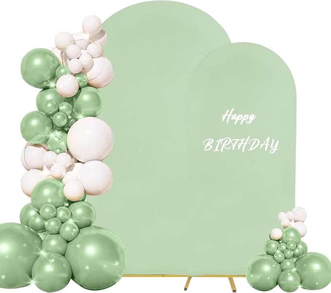 Set of 2 Wedding Arch Cover 2-Sided Round Top Spandex Fitted Arch Backdrop Cover for Birthday Party Baby Shower Wedding Arch Stand Decor（7.2FT, 6.6FT, Sage Green）
