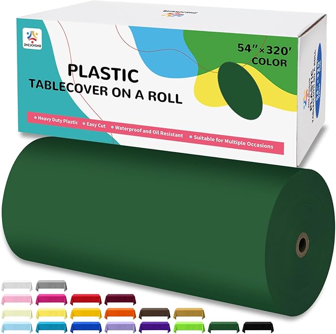 54IN X 320FT Plastic Table Cover Roll with Cutter Box, Cut to Size Plastic Table Cloths for Parties, Birthday, Disposable Tablecloth Roll for All Shape Tables (Green, 54 Inch X 320 Feet)
