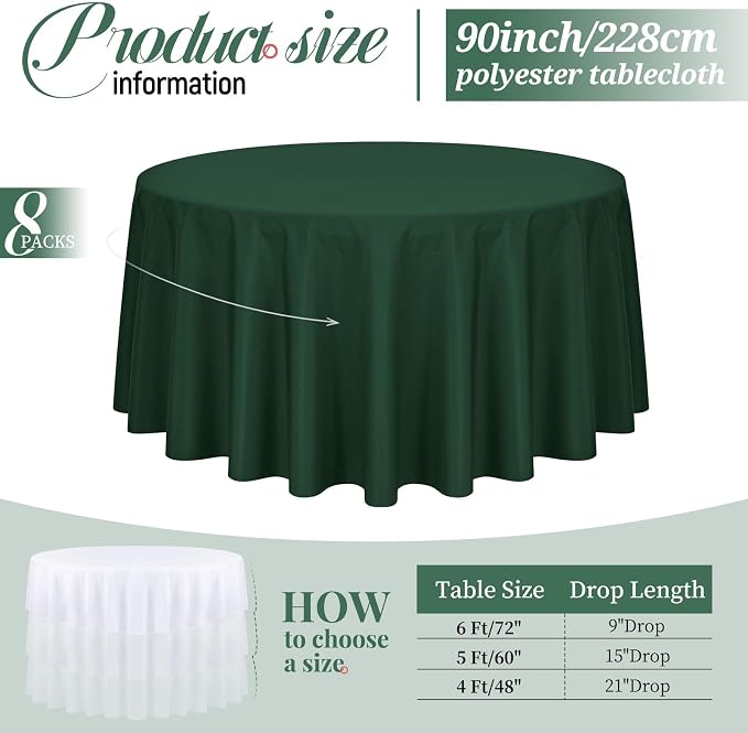 Pesonlook 8 Pack 90 Inch Hunter Green Round Table Cloths, Premium Polyester Round Tablecloth Wrinkle Resistant Washable Table Cover for Wedding, Party, Dining,Banquet