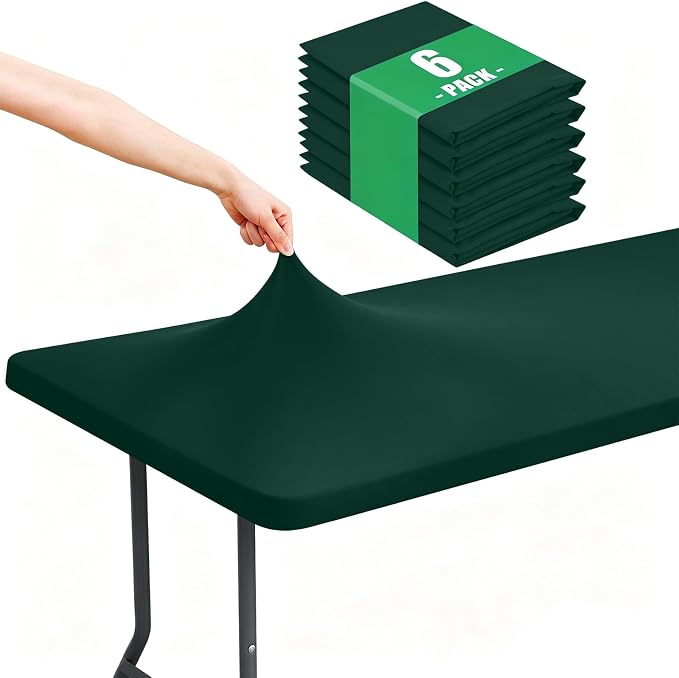 Moosfor Spandex 8 Foot Rectangle Table Cloth 6 Pack, Elastic Fitted Tablecloths for Picnic, Stretch Washable Patio Table Cover for Outdoor, Camping, Banquet and Parties (Hunter Green, 30"x96")